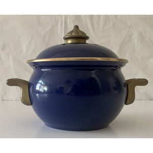Vintage Stovetop Potpourri Simmer Pot Brass & Blue Enameled Pot with Vented Lid